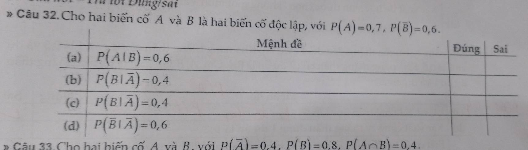 lới Đùng/sai
* Câu 32. Cho hai biến cố A và B là hai biến cố độc lập, với
# Câu 33. Cho hai biến cố A và B. với P(overline A)=0.4.P(B)=0.8.P(A∩ B)=0.4.