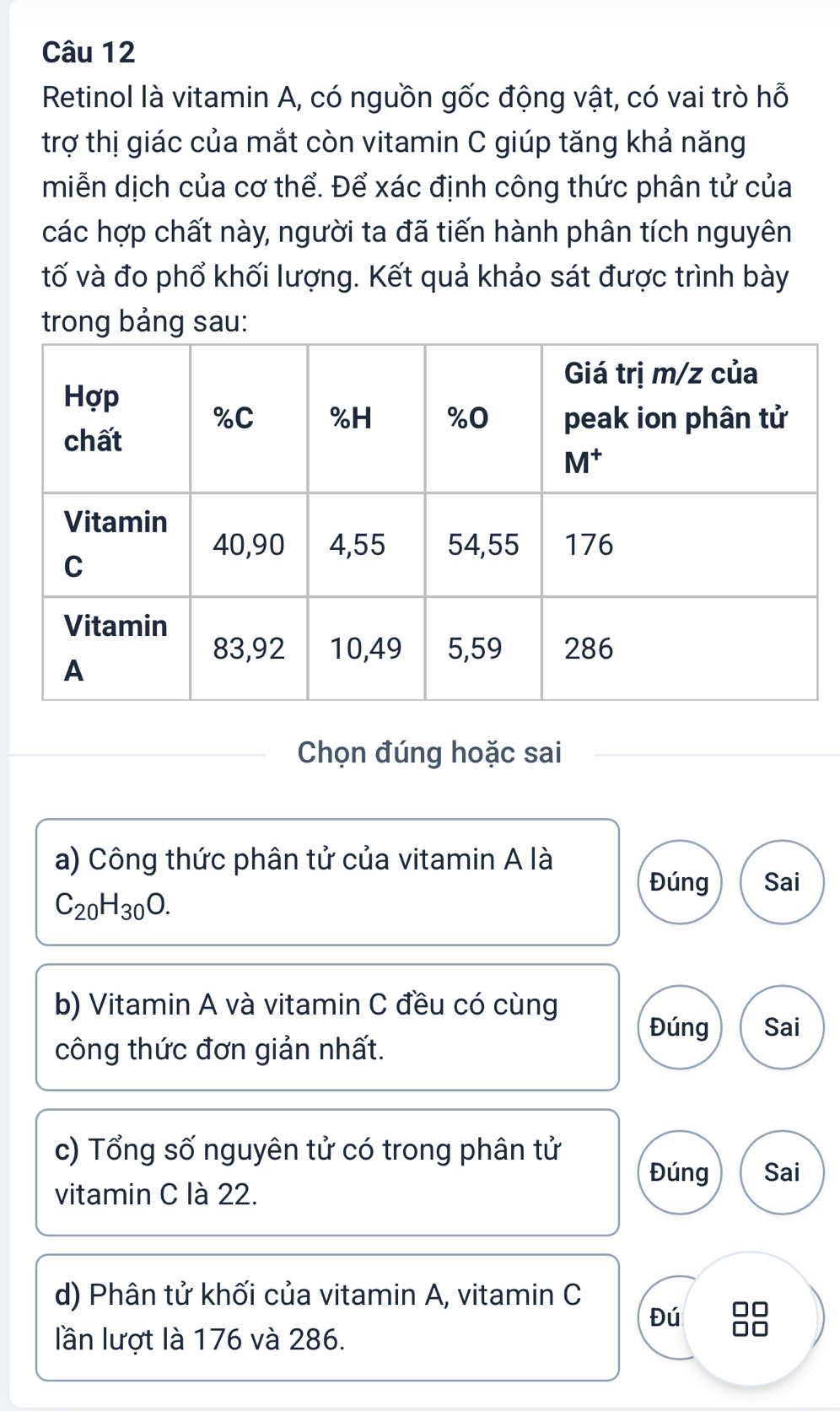 Retinol là vitamin A, có nguồn gốc động vật, có vai trò hỗ
trợ thị giác của mắt còn vitamin C giúp tăng khả năng
miễn dịch của cơ thể. Để xác định công thức phân tử của
các hợp chất này, người ta đã tiến hành phân tích nguyên
tố và đo phổ khối lượng. Kết quả khảo sát được trình bày
trong bảng sau:
Chọn đúng hoặc sai
a) Công thức phân tử của vitamin A là
Đúng Sai
C_20H_30O.
b) Vitamin A và vitamin C đều có cùng Đúng Sai
công thức đơn giản nhất.
c) Tổng số nguyên tử có trong phân tử
Đúng Sai
vitamin C là 22.
d) Phân tử khối của vitamin A, vitamin C
□□
Đú □□
lần lượt là 176 và 286.