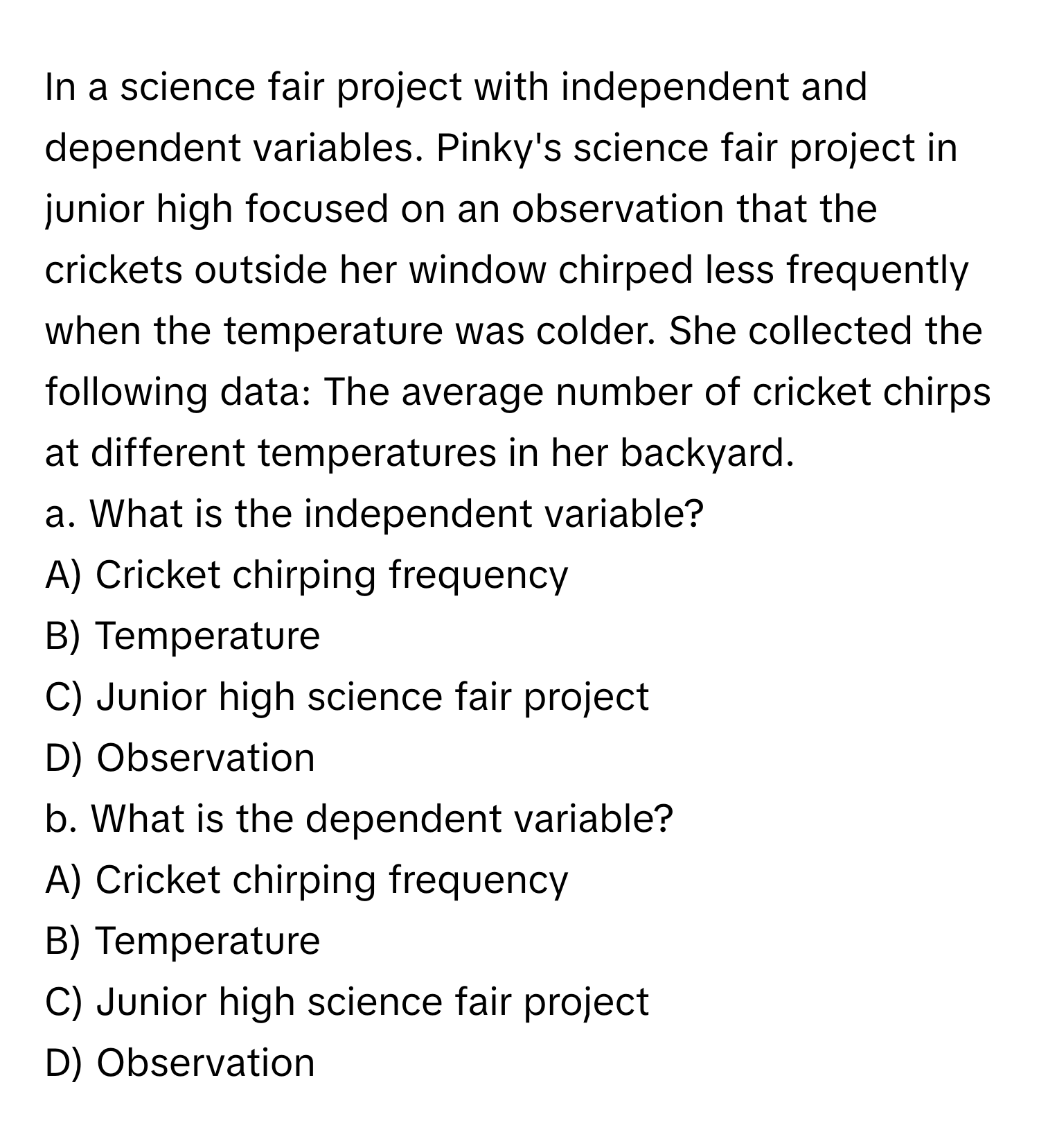 In a science fair project with independent and dependent variables. Pinky's science fair project in junior high focused on an observation that the crickets outside her window chirped less frequently when the temperature was colder. She collected the following data: The average number of cricket chirps at different temperatures in her backyard. 
a. What is the independent variable? 
A) Cricket chirping frequency 
B) Temperature 
C) Junior high science fair project 
D) Observation 
b. What is the dependent variable? 
A) Cricket chirping frequency 
B) Temperature 
C) Junior high science fair project 
D) Observation