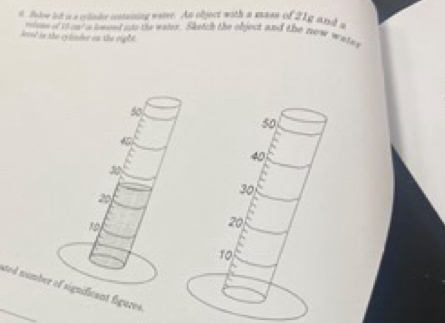 Bolow le is a colindie cootrining watve. An objece with a mass of 21g and s 
relans ot 11cm^2 a beand ato the water. Sketch the object and the now water 
leved in the cyinder on the right 
_ 
sted numbernificant figures.