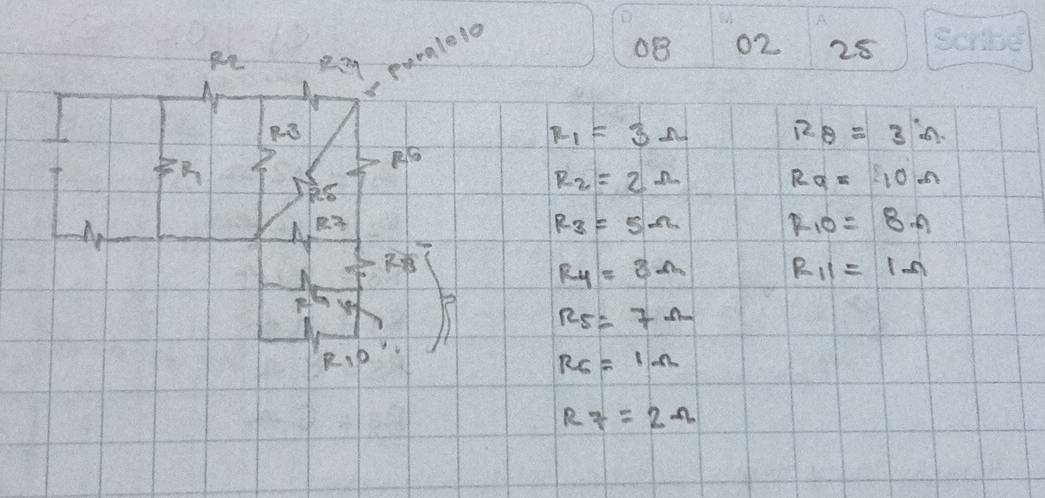 A 
puralela 
0B 02 28 
oe 
P
R_1=3Omega 128=3:n
R_1
R_2=2Omega
Rq=10Omega
Ap
R_3=5Omega
R_10=8Omega 
28°
R_4=8Omega R_11=1Omega
R_5=7Omega
R_1O
R_6=1Omega
R7=2Omega 2