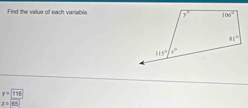 Find the value of each variable.
y=116
z=65