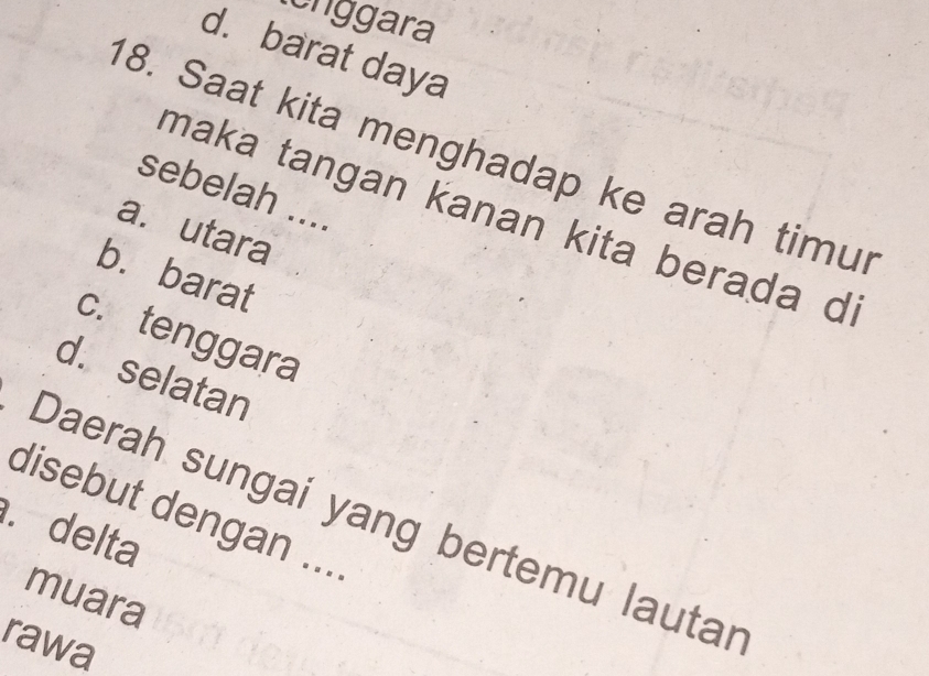 lenggara
d. barat daya
18. Saat kita menghadap ke arah timur
sebelah ....
maka tangan kanan kita berada d
a. utara
b. barat
c. tenggara
d. selatan
disebut dengan ....
Daerah sungai yang bertemu lautar. delta
muara
rawa