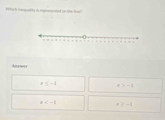 Which inequality is represented on the line?
Answer
x≤ -1
x>-1
x
x≥ -1