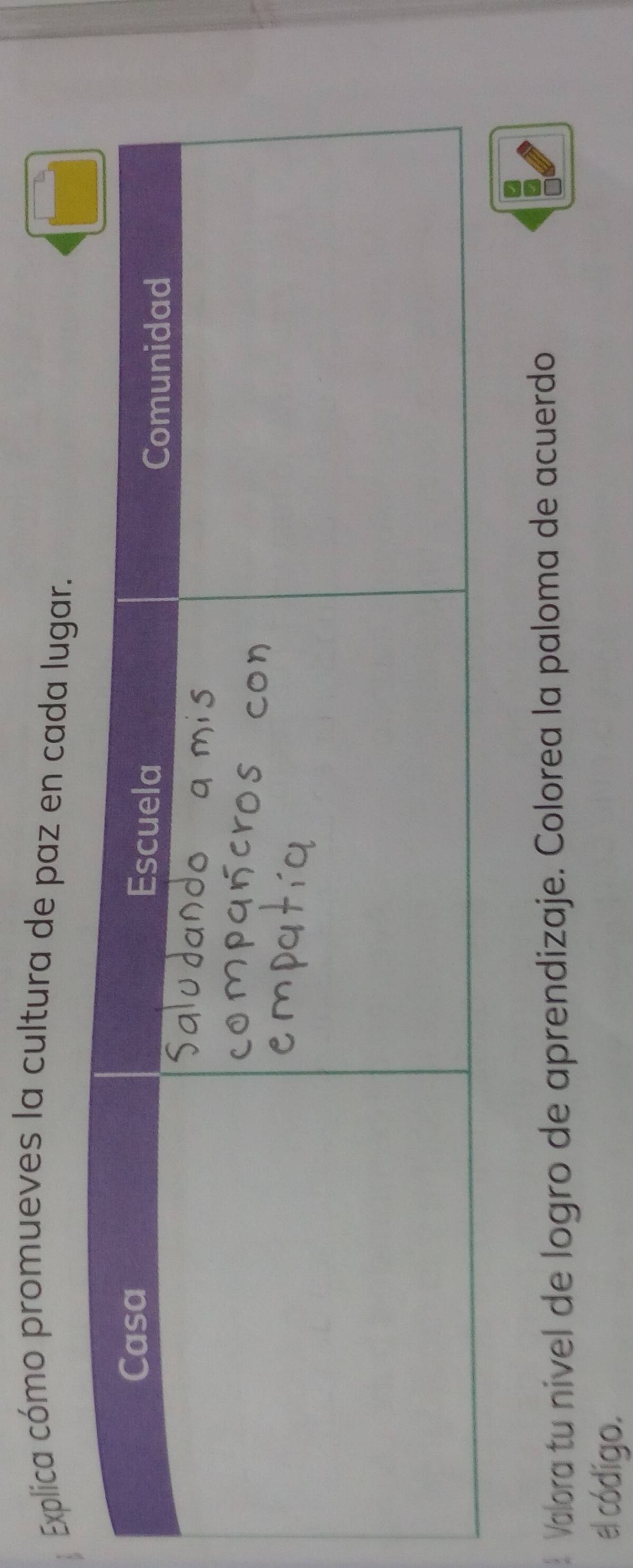 Explica cómo promueves la cultura de paz en cada lugar. 
* Valora tu nível de logro de aprendizaje. Colorea la paloma de acuerdo 
el código.