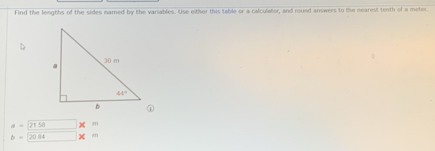 Find the lengths of the sides named by the variables. Use either this table or a calculator, and round answers to the nearest tenth of a meter.
a=21.58 □ * m
b=20.84 □ * m