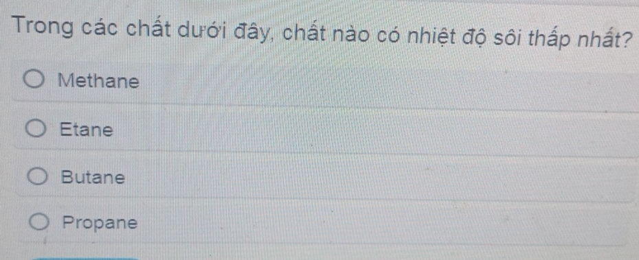 Trong các chất dưới đây, chất nào có nhiệt độ sôi thấp nhất?
Methane
Etane
Butane
Propane