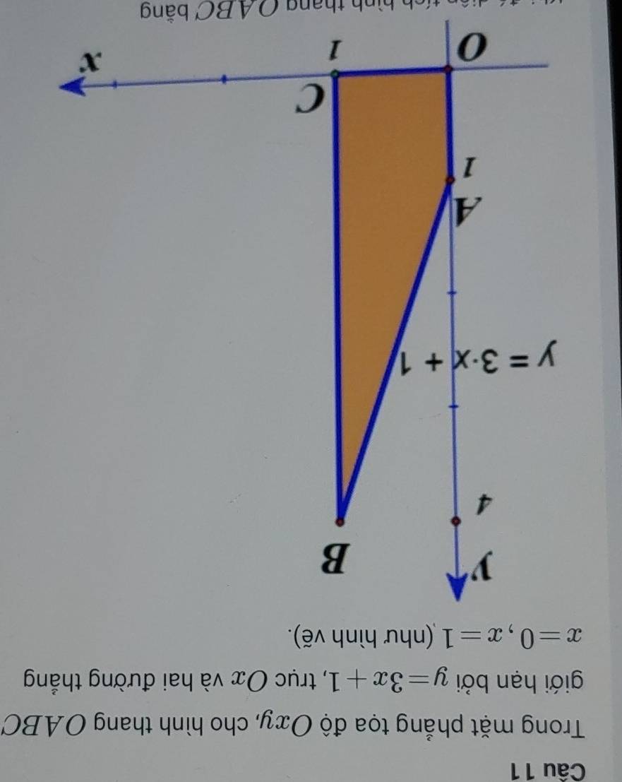 Trong mặt phẳng tọa độ Oxy, cho hình thang OABC
giới hạn bởi y=3x+1 , trục Ox và hai đường thắng
x=0,x=1 (như hình vẽ).
tính hình thang Q A BC bằng