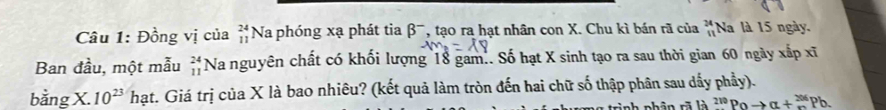 Đồng vị của _(11)^(24)Na a phóng xạ phát tia beta^- , tạo ra hạt nhân con X. Chu kì bán rã của beginarrayr 24 11endarray Na là 15 ngày. 
Ban đầu, một mẫu beginarrayr 24 11endarray Na nguyên chất có khối lượng 18 gam.. Số hạt X sinh tạo ra sau thời gian 60 ngày xắp xĩ 
bằng X. 10^(23)hat t. Giá trị của X là bao nhiêu? (kết quả làm tròn đến hai chữ số thập phân sau dấy phầy).
b^(210)Pato a+_n^(206)Pb.