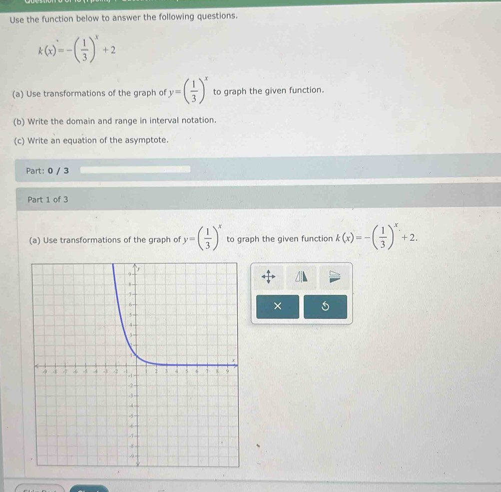 Use the function below to answer the following questions.
k(x)=-( 1/3 )^x+2
(a) Use transformations of the graph of y=( 1/3 )^x to graph the given function. 
(b) Write the domain and range in interval notation. 
(c) Write an equation of the asymptote. 
Part: 0 / 3 
Part 1 of 3 
(a) Use transformations of the graph of y=( 1/3 )^x to graph the given function k(x)=-( 1/3 )^x+2. 
× 5