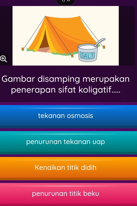 Gambar disamping merupakan
penerapan sifat koligatif.....
tekanan osmosis
penurunan tekanan uap
Kenaikan titik didih
penurunan titik beku