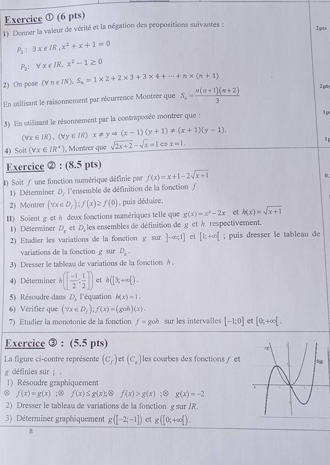 Exercice ① (6 pts)
1) Donner la valeur de vérité et la négation des propositions suivantes : 2pts
P_1:exists x∈ IR,x^2+x+1=0
P_2:forall x∈ IR,x^2-1≥ 0
2) On pose (forall n∈ IN),S_n=1* 2+2* 3+3* 4+·s +n* (n+1)
En utilisant le raisonnement par récurrence Montrer que S_n= (n(n+1)(n+2))/3 
2pt
3) En utilisant le résonnement par la contraposée montrer que :
1 p
(forall x∈ IR),(forall y∈ IR)x!= yRightarrow (x-1)(y+1)!= (x+1)(y-1).
4) Soit (forall x∈ IR^+) , Montrer que sqrt(2x+2)-sqrt(x)=1Leftrightarrow x=1.
1 
Exercice ② : (8.5 pts)
I) Soit ∫ une fonction numérique définie par f(x)=x+1-2sqrt(x+1)
0.
1) Déterminer D_f l’ensemble de définition de la fonction f
2) Montrer (forall x∈ D_f);f(x)≥ f(0) , puis déduire.
II) Soient g et h deux fonctions numériques telle que g(x)=x^2-2x et h(x)=sqrt(x+1)
1) Déterminer D_g et D les ensembles de définition de get h respectivement.
2) Etudier les variations de la fonction g sur ]-∈fty ;1] et [1;+∈fty [; puis dresser le tableau de
variations de la fonction g sur D_g.
3) Dresser le tableau de variations de la fonction h .
4) Déterminer h([ (-1)/2 ; 1/2 ]) et h([3;+∈fty [).
5) Résoudre dans D_h l’équation h(x)=1.
6) Vérifier que (forall x∈ D_f);f(x)=(goh)(x).
7) Etudier la monotonie de la fonction f=goh sur les intervalles [-1;0] et [0;+∈fty [.
Exercice ③ : (5.5 pts)
La figure ci-contre représente (C_f) et (C_k) les courbes des fonctions ∫et
g définies sur j .
1) Résoudre graphiquement
f(x)=g(x);ⓧ f(x)≤ g(x);Ⓧ f(x)>g(x);Ⓧ g(x)=-2
2) Dresser le tableau de variations de la fonction g sur IR.
3) Déterminer graphiquement g([-2;-1]) et g([0;+∈fty [).
8