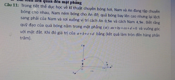 làn liện quan đến mặt phăng
Câu 11: Trong tiết thể dục học về kĩ thuật chuyền bóng hơi, Nam và An đang tập chuyền
bóng cho nhau, Nam ném bóng cho An đỡ, quả bóng bay lên cao nhưng lại lệch
sang phải của Nam và rơi xuống vị trí cách An 0,5m và cách Nam 4,5m. Biết rằng
quỹ đạo của quả bóng nằm trong mặt phẳng (α): ax+by+cx+d=0 và vuông góc
với mặt đất. Khi đó giá trị của a+b+c+d bằng (kết quả làm tròn đến hàng phần
trăm).
z
x.