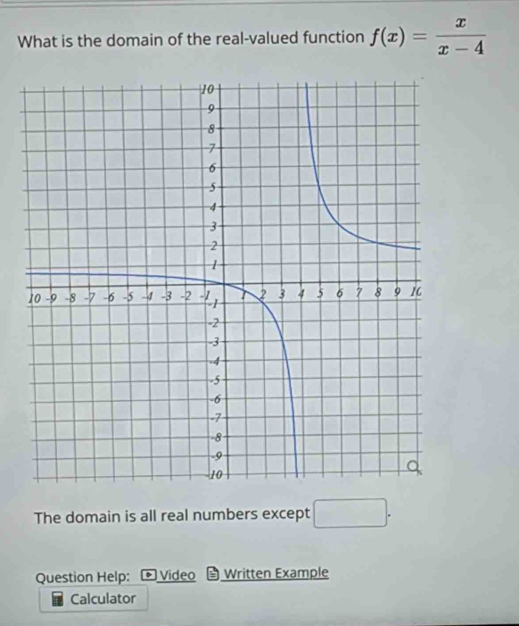 What is the domain of the real-valued function f(x)= x/x-4 
The domain is all real numbers except □ . 
Question Help: * Video Written Example 
Calculator