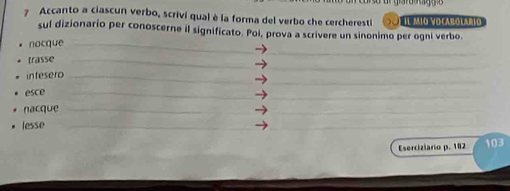 Accanto a ciascun verbo, scrivi qual è la forma del verbo che cercheresti a Il Míó VOCABOLARío
sul dizionario per conoscerne il significato. Poi, prova a scrivere un sinonimo per ogni verbo.
nocque
trasse
intesero
esce
nacque
lesse
Esercizlario p. 182 103