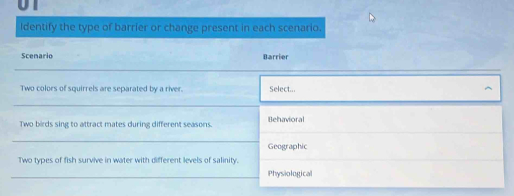 Identify the type of barrier or change present in each scenario.
Scenario Barrier
Two colors of squirrels are separated by a river. Select... ^
Behavioral
Two birds sing to attract mates during different seasons.
Geographic
Two types of fish survive in water with different levels of salinity.
Physiological