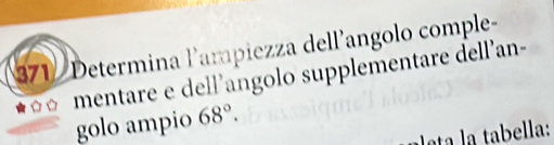 371 Determina lampiezza dell’angolo comple- 
mentare e dell’angolo supplementare dell’an- 
golo ampio 68°. 
ea a tabel la: