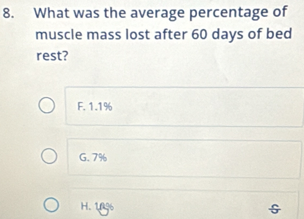 What was the average percentage of
muscle mass lost after 60 days of bed
rest?
F. 1.1%
G. 7%
H. 10%