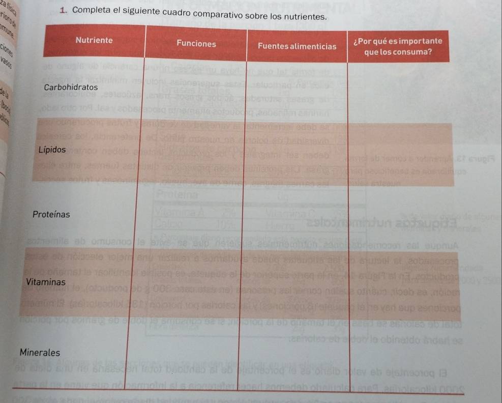 za físic iors
1. Completa el siguiente cuadro comparativo sobre los nutrientes.
mune
vasos
de la
ölc