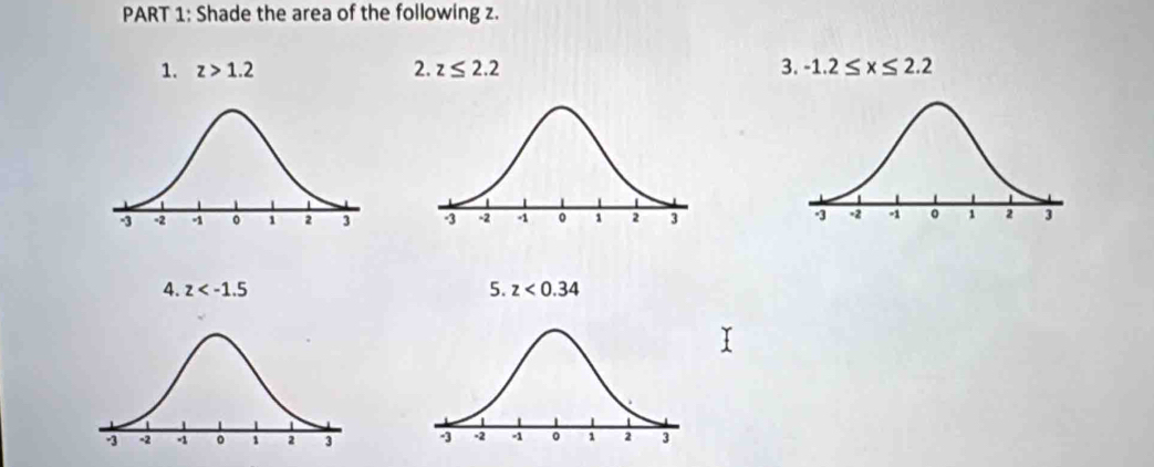 Shade the area of the following z.
1. z>1.2 2. z≤ 2.2 3. -1.2≤ x≤ 2.2