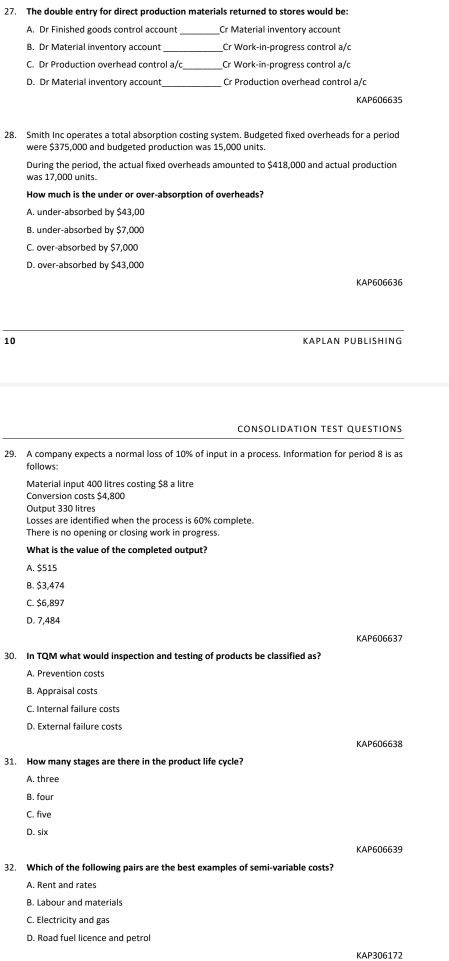 The double entry for direct production materials returned to stores would be:
A. Dr Finished goods control account _Cr Material inventory account
B. Dr Material inventory account_ Cr Work-in-progress control a/c
C. Dr Production overhead control a/c _Cr Work-in-progress control a/c
D. Dr Material inventory account_ Cr Production overhead control a/c
KAP606635
28. Smith Inc operates a total absorption costing system. Budgeted fixed overheads for a period
were $375,000 and budgeted production was 15,000 units.
During the period, the actual fixed overheads amounted to $418,000 and actual production
was 17,000 units.
How much is the under or over-absorption of overheads?
A. under-absorbed by $43,00
B. under-absorbed by $7,000
C. over-absorbed by $7,000
D. over-absorbed by $43,000
KAP606636
10 KAPLAN PUBLISHING
CONSOLIDATION TEST QUESTIONS
29. A company expects a normal loss of 10% of input in a process. Information for period 8 is as
follows:
Material input 400 litres costing $8 a litre
Conversion costs $4,800
Output 330 litres
Losses are identified when the process is 60% complete.
There is no opening or closing work in progress.
What is the value of the completed output?
A. $515
B. $3,474
C. $6,897
D. 7,484
KAP606637
30. In TQM what would inspection and testing of products be classified as?
A. Prevention costs
B. Appraisal costs
C. Internal failure costs
D. External failure costs
KAP606638
31. How many stages are there in the product life cycle?
A. three
B. four
C. five
D. six
KAP606639
32. Which of the following pairs are the best examples of semi-variable costs?
A. Rent and rates
B. Labour and materials
C. Electricity and gas
D. Road fuel licence and petrol
KAP306172