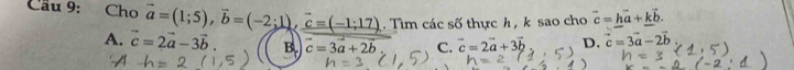 Cầu 9: Cho vector a=(1;5), vector b=(-2;1), vector c=(-1;17). Tìm các số thực h, k sao cho vector c=hvector a+kvector b.
A. vector c=2vector a-3vector b B. c=3a+2b C. vector c=2vector a+3vector b D. vector c=3vector a-2vector b