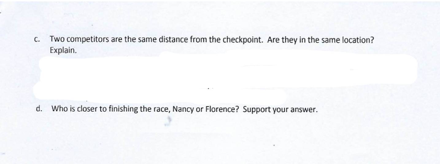 Two competitors are the same distance from the checkpoint. Are they in the same location? 
Explain. 
d. Who is closer to finishing the race, Nancy or Florence? Support your answer.