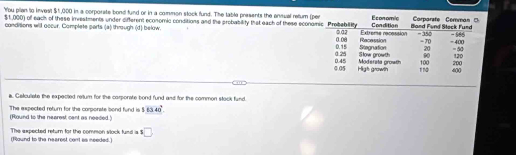 You plan to invest $1,000 in a corporate bond fund or in a common stock fund. The table presents the annual return (p
$1,000) of each of these investments under different economic conditions and the probability that each of these econo 
conditions will occur. Complete parts (a) through (d) below. 
a. Calculate the expected retur for the corporate bond fund and for the common stock fund. 
The expected return for the corporate bond fund is $63.40. 
(Round to the nearest cent as needed.) 
The expected return for the common stock fund is $□. 
(Round to the nearest cent as needed.)