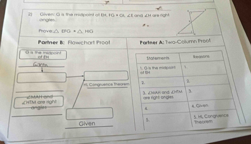 Given: G is the midpoint of EH, FG=GI, ∠ E and ∠ H are right 
angles. 
Prove: △ EFG=△ HIG
Partner B: Flowchart Proof Partner A: Two-Column Proof
G is the midpoint 
of EH Statements Reasons 
_ 
1. G is the midpoint 1. 
of EH
HL Congruence Theorem 2. 
2. 
_ 
3. ∠ MAH and ∠ HTM 3.
∠MAH and
∠ HTM are right are right angles 
angles 4. 
4. Given 
_ 
5. 5. HL Congruence 
Given 
Theorem