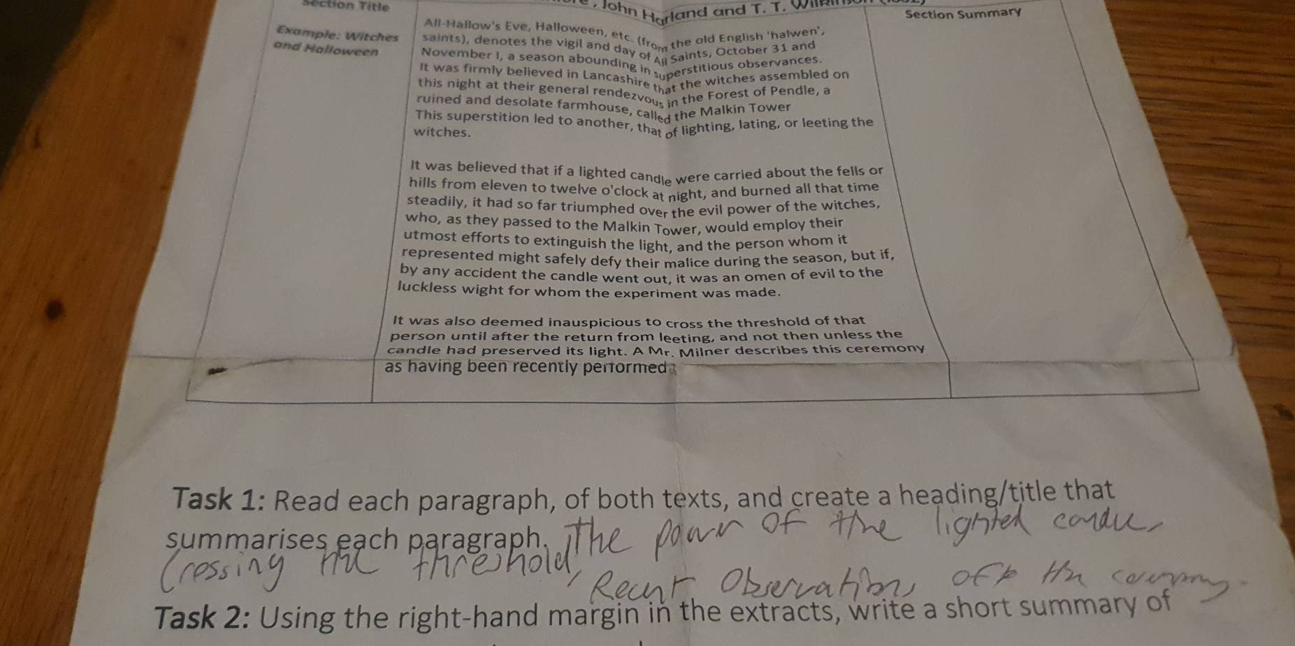 Séction Title 
e John Harland and T. T. WilR 
Section Summary 
All-Hallow's Eve, Halloween, etc. (from the old English 'halwen'. 
Example: Witches saints), denotes the vigil and day of All saints, October 31 and 
and Halloween November I, a season abounding in perstitious observances 
It was firmly believed in Lancashire that the witches assembled on 
this night at their general rendezvous in the Forest of Pendle, a 
ruined and desolate farmhouse, called the Malkin Tower 
This superstition led to another, that of lighting, lating, or leeting the 
witches. 
It was believed that if a lighted candle were carried about the fells or 
hills from eleven to twelve o'clock at night, and burned all that time 
steadily, it had so far triumphed over the evil power of the witches, 
who, as they passed to the Malkin Tower, would employ their 
utmost efforts to extinguish the light, and the person whom it 
represented might safely defy their malice during the season, but if, 
by any accident the candle went out, it was an omen of evil to the 
luckless wight for whom the experiment was made. 
It was also deemed inauspicious to cross the threshold of that 
person until after the return from leeting, and not then unless the 
candle had preserved its light. A Mr. Milner describes this ceremony 
as having been recently performed . 
Task 1: Read each paragraph, of both texts, and create a heading/title that 
summarises eạch paragraph. 
Task 2: Using the right-hand margin in the extracts, write a short summary of