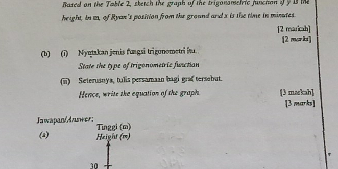 Based on the Table 2, sketch the graph of the trigonomelric function iJy 13 the 
height, in m, of Ryan's position from the ground and x is the time in minutes. 
[2 maricah] 
[2 marks] 
(b) (1) Nyatakan jenis fungsi trigonometri itu 
State the type of trigonometric function 
(ii) Seterusnya, tulis persamaan bagi graf tersebut. 
Hence, write the equation of the graph [3 markah] 
[3 marks] 
Jawapan/Answer: 
Tınggi (m) 
(2) Height (m) 
30