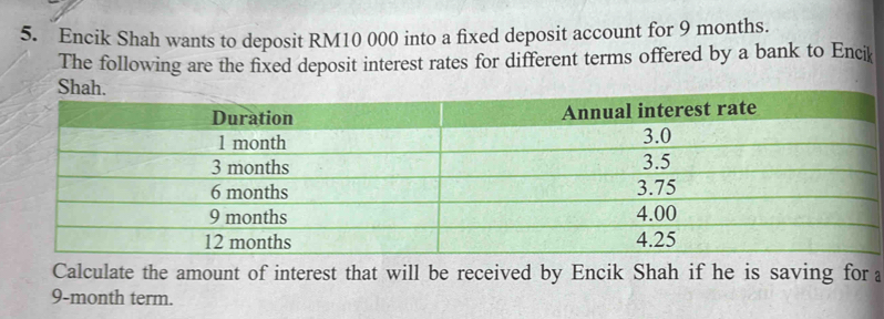 Encik Shah wants to deposit RM10 000 into a fixed deposit account for 9 months. 
The following are the fixed deposit interest rates for different terms offered by a bank to Encik 
Calculate the amount of interest that will be received by Encik Shah if he is saving for a
9-month term.