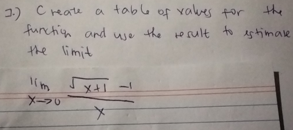 ) Create a table of values for the 
functicn and use the result to estimale 
the limit
limlimits _xto 0 (sqrt(x+1)-1)/x 