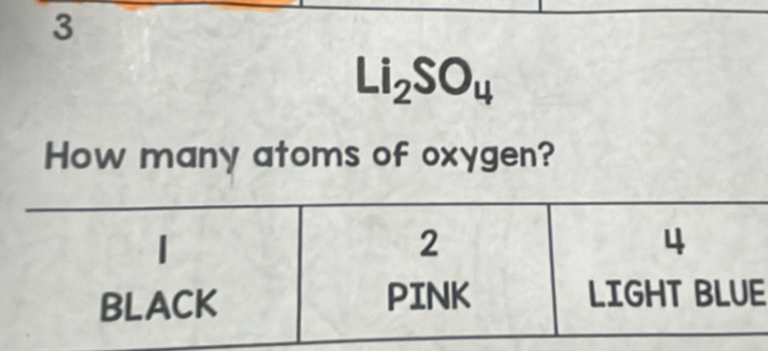 Li_2SO_4 
How many atoms of oxygen? 
E