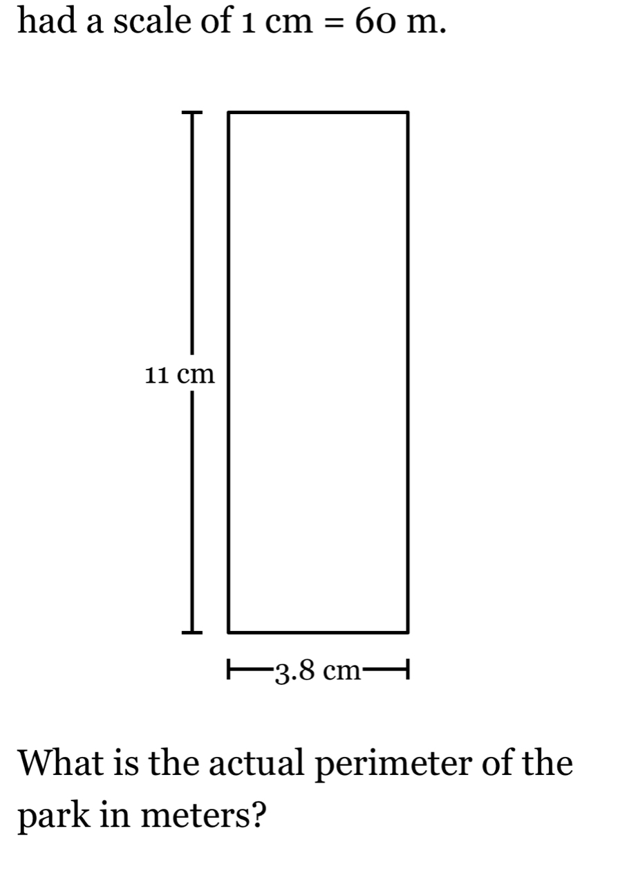 had a scale of 1cm=60m. 
What is the actual perimeter of the 
park in meters?