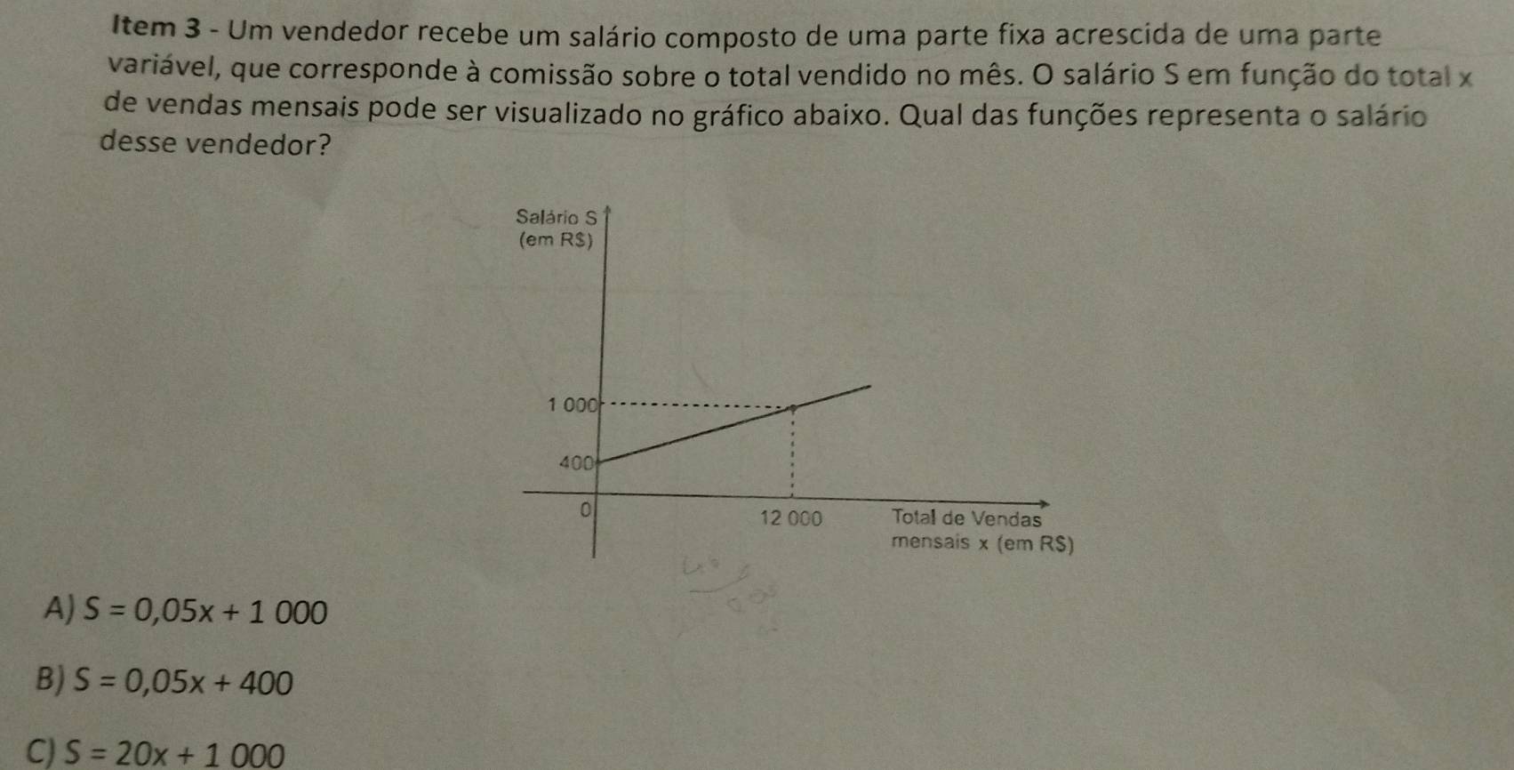 Item 3 - Um vendedor recebe um salário composto de uma parte fixa acrescida de uma parte
variável, que corresponde à comissão sobre o total vendido no mês. O salário S em função do total x
de vendas mensais pode ser visualizado no gráfico abaixo. Qual das funções representa o salário
desse vendedor?
A) S=0,05x+1000
B) S=0,05x+400
C) S=20x+1000