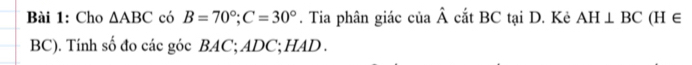 Cho △ ABC có B=70°; C=30°. Tia phân giác của hat A cắt BC tại D. Kẻ AH⊥ BC (H ∈
BC). Tính số đo các góc BAC; ADC; HAD .