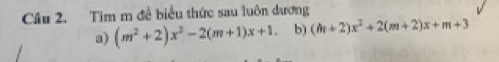 Tim m đề biểu thức sau luôn dương 
a) (m^2+2)x^2-2(m+1)x+1. b) (m+2)x^2+2(m+2)x+m+3