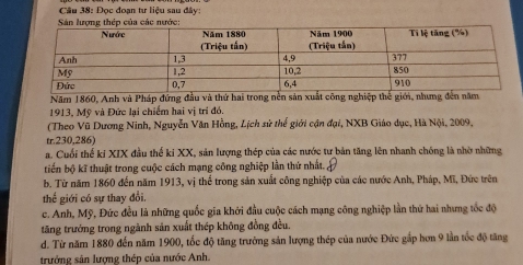 Đọc đoạn tư liệu sau đây:
n lượng thép của các nước:
Năm 1860, Anh và Pháp đứng đầu và thứ hai trong nễn sản xuất công nghiệp thế giới, nhưng đến năm
1913, Mỹ và Đức lại chiếm hai vị trí đó.
(Theo Vũ Dương Ninh, Nguyễn Văn Hồng, Lịch sử thể giới cận đại, NXB Giáo dục, Hà Nội, 2009,
tr. 230, 286)
a. Cuối thế ki XIX đầu thế ki XX, sản lượng thép của các nước tự bản tăng lên nhanh chóng là nhờ những
tiến bộ kĩ thuật trong cuộc cách mạng công nghiệp lần thứ nhất.
b. Từ năm 1860 đến năm 1913, vị thể trong sản xuất công nghiệp của các nước Anh, Pháp, Mĩ, Đức trên
thể giới có sự thay đổi.
c. Anh, Mỹ, Đức đều là những quốc gia khởi đầu cuộc cách mạng công nghiệp lần thứ hai nhưng tốc độ
tăng trưởng trong ngành sản xuất thép không đồng đều.
d. Từ năm 1880 đến năm 1900, tốc độ tăng trưởng sản lượng thép của nước Đức gắp hơn 9 lần tốc độ tăng
trưởng sản lượng thép của nước Anh.