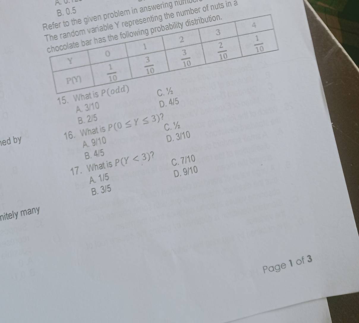 B. 0.5
em in answering num ue
umber of nuts in a
15. Wha
A. 3/10
D. 4/5
B. 2/5
C.½
16. What is P(0≤ Y≤ 3) ?
ed by
A. 9/10
D. 3/10
B. 4/5
C. 7/10
17. What is P(Y<3) 2
A. 1/5
D. 9/10
B. 3/5
nitely many
Page 1 of 3