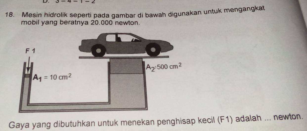 -4-1-
18. Mesin hidrolik seperti pada gambar di bawah digunakan untuk mengangkat
mobil yang beratnya 20.000 newton.
Gaya yang dibutuhkan untuk menekan penghisap kecil (F1) adalah ... newton.