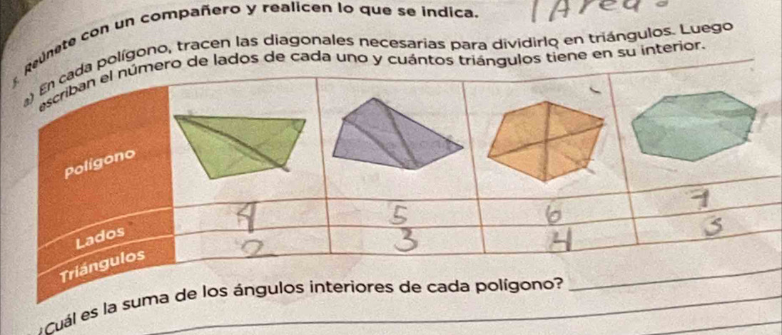 eunete con un compañero y realicen lo que se indica. 
olígono, tracen las diagonales necesarias para dividirlo en triángulos. Luego 
e lados de cada uno y cuántos triángulos tiene en su interior. 
_ 
*Cuál es la