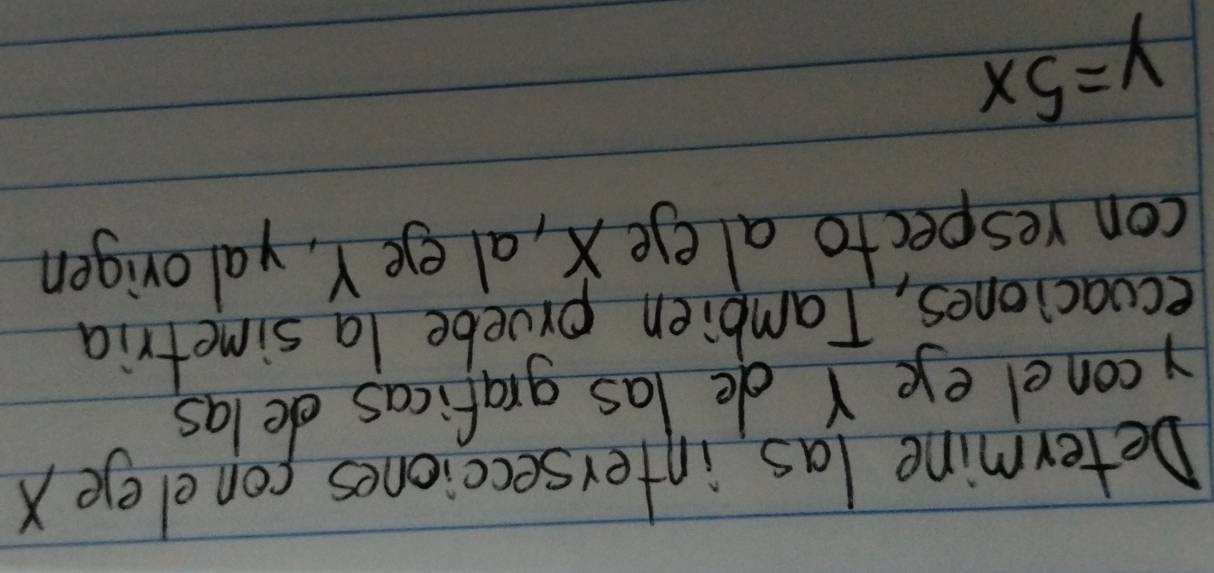 Determine las intersecciones con eleye X
yconel eye Y de las graficas delas, 
ecuaciones, Tambien pruebe la simefria 
con respecto al eye X, al ege Y, yalorigen
y=5x