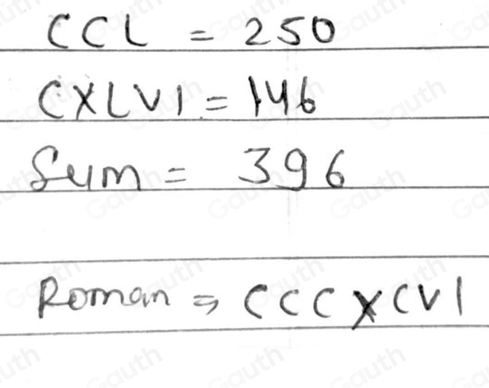 Solved: Find in roman numerals , the sum of CCL and CXLVI .......... [Math]
