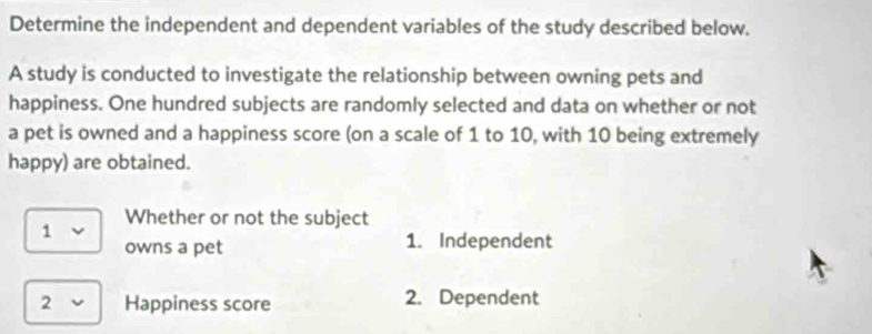 Determine the independent and dependent variables of the study described below. 
A study is conducted to investigate the relationship between owning pets and 
happiness. One hundred subjects are randomly selected and data on whether or not 
a pet is owned and a happiness score (on a scale of 1 to 10, with 10 being extremely 
happy) are obtained. 
Whether or not the subject 
1 
owns a pet 1. Independent 
2 Happiness score 2. Dependent