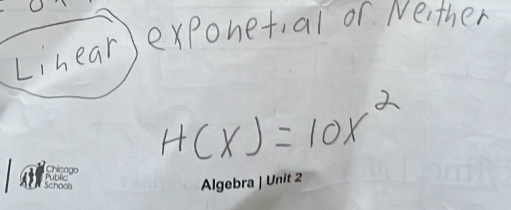 exponetial or Neither 
Lihear
H(x)=10x^2