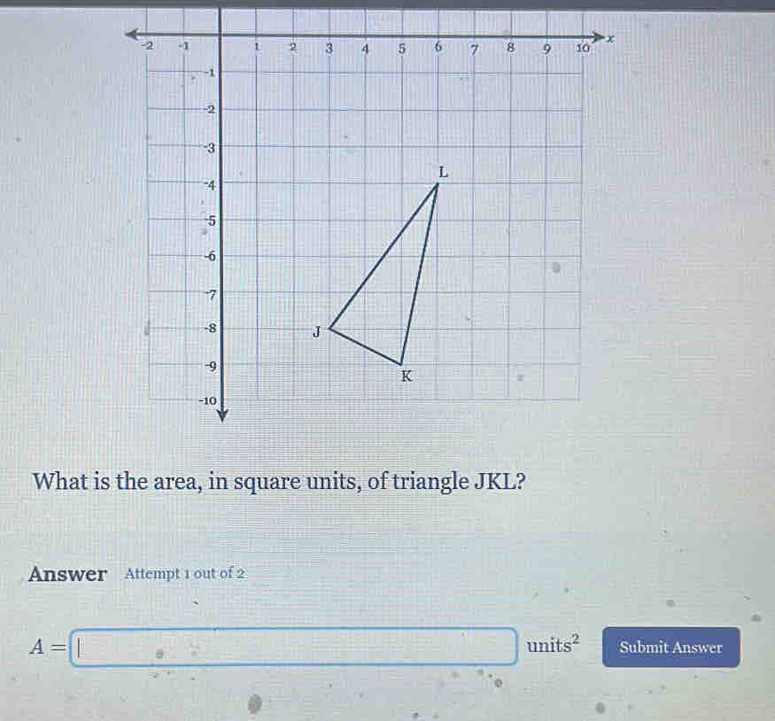 What is the area, in square units, of triangle JKL? 
Answer Attempt 1 out of 2
A=□ units^2 Submit Answer 
。