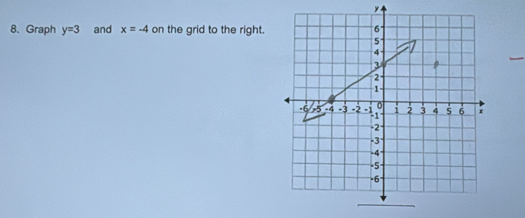 y
8. Graph y=3 and x=-4 on the grid to the right.