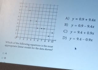 A) y=0.9+9.4x
B) y=0.9-9.4x
C) y=9.4+0.9x
D)
y=9.4-0.9x
Whichost
apprope linear model for the data shown?
A
B