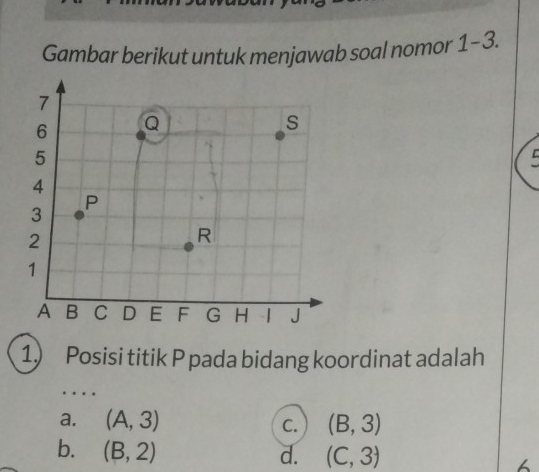 Gambar berikut untuk menjawab soal nomor 1-3. 
1) Posisi titik P pada bidang koordinat adalah
……
a. (A,3) (B,3)
C.
b. (B,2) d. (C,3)